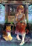  bad_id bad_pixiv_id blue_eyes brown_hair dappled_sunlight eating feet food fox full_body geta hakama ice_cream japanese_clothes kasugaya_(howafuwacat) kimono long_hair miko no_socks original popsicle red_hakama sandals shrine sitting sitting_on_stairs solo stairs sunlight toes tree_shade twintails 