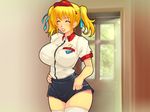  1girl blond_daisuki! blonde_hair blush breasts door eyes_closed happy highres hips huge_breasts legs long_hair looking_at_viewer shorts smile solo standing thighs twintails uniform yoko_juusuke 