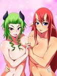  2girls breasts green_hair large_breasts multiple_girls pointy_ears red_hair revolve smile 