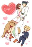  2boys arnold_(jojo) black_hair blonde_hair brown_hair dog dress headband heart hirose_kouichi itaru_souga jojo_no_kimyou_na_bouken kishibe_rohan multiple_boys sugimoto_reimi 