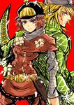 1girl 4179a back-to-back belt blonde_hair diego_brando flower gloves green_shirt hand_on_hip hat hot_pants_(sbr) jojo_no_kimyou_na_bouken red_background red_eyes red_hair scary_monsters_(stand) shirt short_hair sketch smile stand_(jojo) steel_ball_run sweater tail turtleneck 