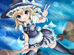  black_legwear blonde_hair blue_eyes braid broom broom_riding frills hat hat_ribbon kirisame_marisa konpotsu ribbon side_braid solo thighhighs touhou v witch_hat 