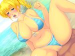  1boy 1girl beach bikini blond_daisuki! blonde_hair blue_eyes blush breasts censored cleavage girl_on_top highres hips huge_breasts legs lips long_hair looking_at_viewer lying ocean open_mouth ponytail pussy sex sitting sitting_on_person swimsuit thighs vaginal water yoko_juusuke 