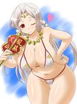  ;) bikini braid breasts cleavage covered_nipples fan highres jewelry large_breasts long_hair necklace one_eye_closed r44 red_eyes sengoku_collection silver_hair skindentation smile solo string_bikini swimsuit takeda_shingen_(sengoku_collection) thigh_gap thong_bikini twin_braids 