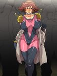  1girl blue_eyes blush bodysuit breasts brown_hair earrings g_gundam gundam gureko_rouman hairband highres huge_breasts jewelry legs looking_at_viewer mobile_trace_suit open_mouth rain_mikamura short_hair standing sweat thighs walking 