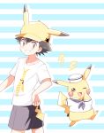  1boy alternate_costume animal_ear_hat black_hair brown_eyes clothed_pokemon gen_1_pokemon hat lightning_bolt looking_at_viewer male_focus mei_(maysroom) one_eye_closed pikachu pokemon pokemon_(anime) sailor_collar sailor_hat sailor_shirt satoshi_(pokemon) shirt spiked_hair striped striped_background tagme tie_print white_shirt 