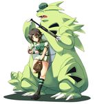  baseball_bat baseball_cap baseball_mitt baseball_uniform brown_eyes brown_hair clothes_writing crossover gen_2_pokemon hair_ornament hairclip hat hayashi_ekyuu highres masaki_nonoka photokano poke_ball pokemon pokemon_(creature) short_hair shorts smile sportswear tyranitar ultra_ball 