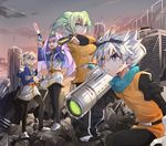  3boys aqua_eyes bad_id bad_pixiv_id blue_eyes building cloud curly_hair fei_rune gillis glasses goggles goggles_on_head green_eyes green_hair gun hairband inazuma_eleven_(series) inazuma_eleven_go inazuma_eleven_go_chrono_stone jacket jaenbba long_hair meia multiple_boys open_mouth purple_eyes purple_hair rubble saryuu_evan sky smile soccer_uniform sportswear star very_long_hair weapon 