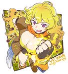  ahoge blonde_hair blush breasts character_name cleavage commentary_request copyright_name fingerless_gloves gloves large_breasts long_hair looking_at_viewer purple_eyes rwby shell_casing smile solo yang_xiao_long yukataro 
