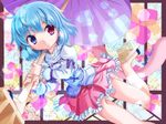  blue_eyes blue_hair geta heterochromia karakasa_obake konpotsu purple_umbrella red_eyes solo tatara_kogasa thighs touhou umbrella 