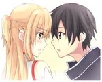  1girl asuna_(sao) black_eyes black_hair brown_eyes brown_hair couple eye_contact hetero kirito long_hair looking_at_another misuzu_(iridescence) short_hair sword_art_online 