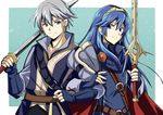  1girl alternate_eye_color armor azur_(fire_emblem) blue_eyes blue_hair earrings falchion_(fire_emblem) fingerless_gloves fingernails fire_emblem fire_emblem:_kakusei gloves grey_eyes grey_hair hair_between_eyes hairband holding hoop_earrings jewelry kagonsatoru long_hair looking_at_another lucina shoulder_armor smile spaulders sword weapon 