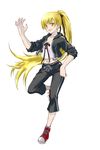 blonde_hair hair_ribbon hand_on_hip highres hizumi_(s05a1064) jacket kiss-shot_acerola-orion_heart-under-blade leg_lift long_hair midriff monogatari_(series) navel pants ponytail ribbon simple_background sleeves_pushed_up solo standing standing_on_one_leg track_jacket track_pants very_long_hair white_background yellow_eyes 