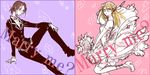  blonde_hair bouquet bridal_veil bride brown_hair christa_renz dress english flower formal freckles hachi_(aimu) monochrome multiple_girls pant_suit pink_background proposal purple_background shingeki_no_kyojin short_hair sitting suit thighhighs veil wedding wedding_dress wife_and_wife ymir_(shingeki_no_kyojin) yuri 