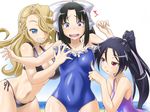  beach bikini black_hair blonde_hair blue_eyes breast_poke breasts casual_one-piece_swimsuit girl_sandwich grin groping hair_over_one_eye hijikata_toshizou_(sengoku_collection) kondou_isami_(sengoku_collection) long_hair medium_breasts multiple_girls okita_souji_(sengoku_collection) one-piece_swimsuit poking ponytail r44 red_eyes sandwiched sengoku_collection side-tie_bikini smile swimsuit 