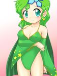  adult arm_under_breasts breast_lift cameltoe cape covered_nipples detached_sleeves earrings erect_nipples final_fantasy final_fantasy_iv gradient gradient_background green_eyes green_hair hair_ornament hairclip jewelry leotard miyanii_(myanie) myanie older rydia smile square_enix 