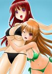  :d ;d atarashi_ako bikini breasts brown_hair chaborin hug large_breasts long_hair matsumi_kuro multiple_girls one_eye_closed open_mouth purple_eyes red_eyes red_hair saki saki_achiga-hen smile swimsuit 