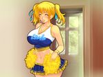  1girl bare_shoulders blond_daisuki! blonde_hair blush breasts cheerleader cleavage door eyes_closed highres hips huge_breasts legs long_hair looking_at_viewer midriff navel skirt smile solo standing thighs twintails yoko_juusuke 