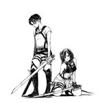  1girl abs arm_behind_back arms_at_sides bangs belt black_hair boots buckle closed_mouth crop_top dual_wielding full_body greyscale hand_on_own_thigh head_down holding kneeling levi_(shingeki_no_kyojin) light_frown looking_at_viewer looking_away looking_down mikasa_ackerman monochrome pants qaswed scarf shingeki_no_kyojin shirt short_hair short_sleeves simple_background sketch sleeveless standing swept_bangs t-shirt tank_top thigh_strap three-dimensional_maneuver_gear toned white_background 