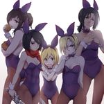  angry animal_ears annie_leonhardt black_eyes black_hair black_legwear blonde_hair blush bow bowtie breasts brown_hair bunny_ears bunny_girl bunny_tail bunnysuit christa_renz cleavage covering covering_chest cracking_knuckles detached_collar eating embarrassed freckles looking_back medium_breasts mikasa_ackerman multiple_girls pantyhose potato sasha_braus scarf shingeki_no_kyojin short_hair small_breasts sword tail touryou weapon wrist_cuffs ymir_(shingeki_no_kyojin) 