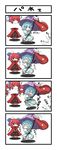  &gt;_&lt; 4koma :&lt; :p absurdres ahoge blue_eyes blue_hair blush_stickers bow cape clapping closed_eyes comic disembodied_head hair_bow heterochromia highres karakasa_obake kikurage_(sugi222) multiple_girls partially_translated red_eyes red_hair sekibanki skirt tatara_kogasa tongue tongue_out touhou translation_request umbrella 