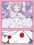  :3 bow choker chop closed_eyes comic commentary dress gloves hair_bow kaname_madoka kyubey long_hair magical_girl mahou_shoujo_madoka_magica pink_dress pink_hair praying red_eyes ribbon shijiani smile standing two_side_up ultimate_madoka 