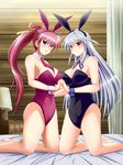  animal_ears bare_legs bed blue_eyes breasts bunny_ears bunnysuit cleavage detached_collar hair_ribbon highres holding_hands inoshira kneeling large_breasts long_hair lyrical_nanoha mahou_shoujo_lyrical_nanoha mahou_shoujo_lyrical_nanoha_a's multiple_girls necktie pink_hair ponytail red_eyes reinforce ribbon signum silver_hair single_hair_intake smile wrist_cuffs 