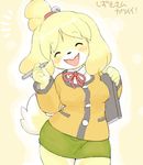  1girl anthro artist_request bell binder blonde_hair blouse blush bow_tie canine cardigan cute dog doubutsu_no_mori eyes_closed female fur green_skirt hair hair_bun hair_tie happy isabelle_(animal_crossing) kikurage mammal miniskirt nintendo open_mouth pen plump raised_hand ribbons shizue_(animal_crossing) shizue_(doubutsu_no_mori) skirt smile solo standing translated translation_request video_games wide_hips yellow_fur 