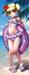  beach bikini blonde_hair flower full_body hair_flower hair_ornament hibiscus innertube irui_guneden nakamura_kanko sandals short_hair solo super_robot_wars swimsuit twintails yellow_eyes 