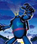  cloud funbolt glowing glowing_eyes mecha no_humans outstretched_arms perspective power_lines realistic robot sun telephone_pole tetsujin_28 tetsujin_28-gou twilight 