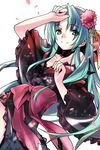  green_eyes green_hair hair_ribbon half_updo higurashi_no_naku_koro_ni japanese_clothes kimono long_hair ribbon smile solo sonozaki_shion wanko_(takohati8) 