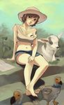  animal bare_legs barefoot bird book brown_hair crossed_legs cutoffs denim denim_shorts dodo_(bird) farm farmer goat hat midriff navel original short_hair short_shorts shorts sitting straw_hat taho tank_top tattoo 