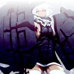  bare_shoulders black_rock_shooter hood hoodie inabatei_(amana) mechanical_arm mechanical_arms red_eyes short_hair sleeveless solo strength_(black_rock_shooter) tail thighhighs white_hair white_legwear 