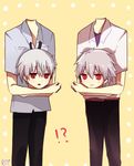  2boys akise_aru disembodied_head holding holding_head ishida_akira_(seiyuu) look-alike male_focus mirai_nikki multiple_boys nagisa_kaworu neon_genesis_evangelion red_eyes seiyuu_connection silver_hair smile spoilers takimiho trait_connection 