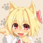  animal_ears black_dress blonde_hair blush cat_ears commentary dress fang hair_ribbon hecchi_(blanch) kemonomimi_mode long_sleeves looking_at_viewer necktie open_mouth paw_pose paw_print pink_eyes ribbon rumia shirt smile solo sweatdrop touhou upper_body 