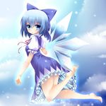  ass bare_legs barefoot blue_eyes blue_hair blue_sky blush bow cirno cloud dress flying frills frown hair_bow k_liss_s legs_up light_particles looking_at_viewer puffy_short_sleeves puffy_sleeves ribbon short_sleeves sky solo touhou wedgie wings 