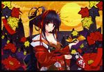  1girl absurdres bare_shoulders black_hair blush border breasts cleavage collarbone comb fan flower folding_fan hair_comb hair_ornament hair_ribbon hair_stick hanafuda hexagon highres japanese_clothes jpeg_artifacts kimono long_hair looking_at_viewer misaki_kurehito obi off_shoulder origami original paper_crane purple_eyes ribbon sash solo 