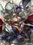 blue_eyes breasts brown_hair cleavage flag force_of_will horse horseback_riding jeanne_d'arc_(force_of_will) large_breasts long_hair original pisuke riding solo valkyrie 