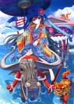  absurdres barefoot bird black_hair blush buffalo cart crow day goshoguruma haori highres japanese_clothes kimono kokonobi long_hair oriental_umbrella original riding robe shrine torii umbrella water 