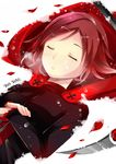  artist_name cape closed_eyes crescent_rose petals red_hair rose_petals ruby_rose rwby ryothae scythe short_hair snow solo weapon 