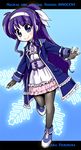  black_legwear character_name coat copyright_name dress fingerless_gloves frills gloves hair_ribbon hairband kuromitu_(kageneko) long_hair lyrical_nanoha magical_girl mahou_shoujo_lyrical_nanoha_innocent pantyhose ponytail purple_eyes purple_hair ribbon shoes smile solo tsukimura_suzuka very_long_hair 