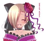  :d blonde_hair blush bow choker closed_eyes collarbone flower frills hair_bow hair_ornament hair_over_one_eye idolmaster idolmaster_cinderella_girls mero-n_usagisan open_mouth shirasaka_koume short_hair smile solo tears translated 