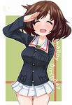  akiyama_yukari blush brown_hair girls_und_panzer happy_birthday inaka_keikou military military_uniform ooarai_military_uniform salute short_hair skirt smile uniform 