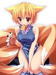  absurdres aburaage animal_ears blonde_hair food food_in_mouth fox_ears fox_tail gloves highres kneeling liya multiple_tails naked_tabard no_hat no_headwear paw_gloves paws red_eyes solo tabard tail touhou yakumo_ran 