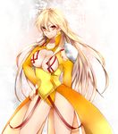  blonde_hair cleavage_cutout dress earrings fate/stay_night fate_(series) genderswap genderswap_(mtf) gilgamesh haine_(howling) hand_on_hip jewelry necklace no_nipples pauldrons red_eyes solo tattoo yellow_dress 