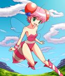  antennae bee_girl boots cloud day full_body green_eyes honey_bee_(bug-tte_honey) insect_girl knee_boots leotard monster_girl pink_footwear pink_hair pink_leotard shirono short_hair smile solo takahashi_meijin_no_bug-tte_honey wings 