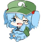  backpack bad_id bad_pixiv_id bag blue_eyes blue_hair hair_bobbles hair_ornament hat katori_(quietude) kawashiro_nitori key lowres one_eye_closed open_mouth short_hair simple_background touhou two_side_up white_background 