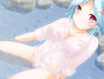  blue_hair bra chro dress_shirt hair_ornament hairclip no_pants original panties partially_submerged pink_eyes rock see-through shirt short_hair sitting sleeves_rolled_up smile solo underwear water wet wet_clothes white_bra white_panties 