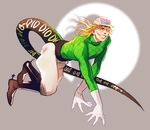  blonde_hair boots diego_brando gloves green_shirt hat jojo_no_kimyou_na_bouken magatsumagic male_focus scary_monsters_(stand) shadow shirt solo spurs stand_(jojo) steel_ball_run sweater tail turtleneck 