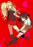  black_hair blonde_hair blue_eyes boots danganronpa danganronpa_1 enoshima_junko freckles hair_ornament ikusaba_mukuro kibougamine_gakuen_school_uniform knee_boots knife kurozatou_owata long_hair multiple_girls necktie school_uniform short_hair siblings sisters skirt sleeves_rolled_up smile spoilers twintails 